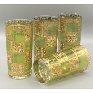4 Vtg Mid Century Culver Prado Signed Green 22K Gold Highball Stained Glass Bar